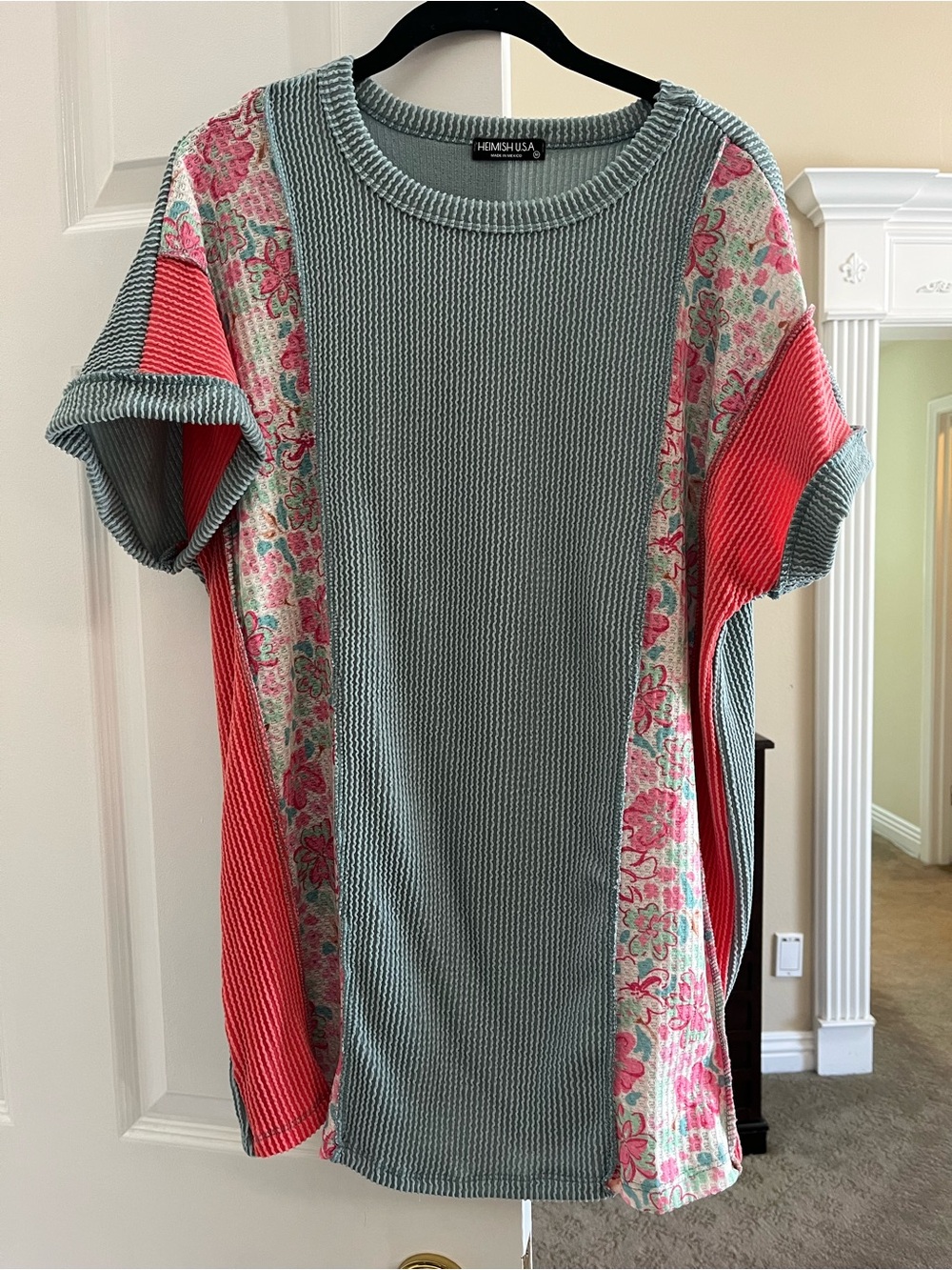 HEIMISH USA Seafoam Knit Top with Coral Floral Panels